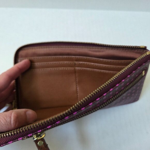 Fossil Wallet Wristlet Purple Pink Polka Dot Zip Around PVC Leather Boho Travel - Picture 4 of 8